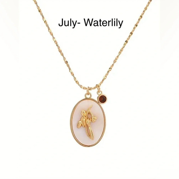 Birth Flower Necklace in  Oval White Shell Pendant - Picture 5 of 9